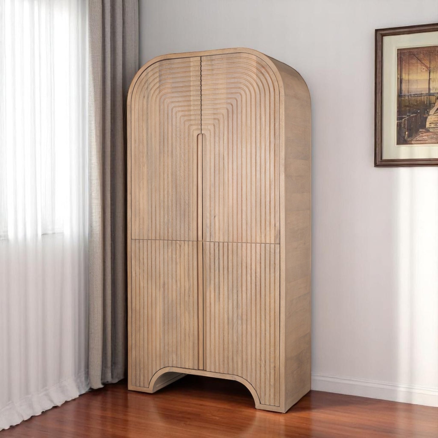 72" Natural Solid Wood Textured Door Arched Cabinet