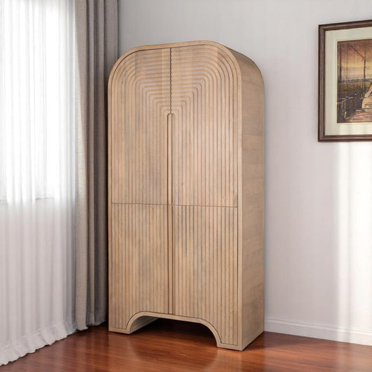 72" Natural Solid Wood Textured Door Arched Cabinet