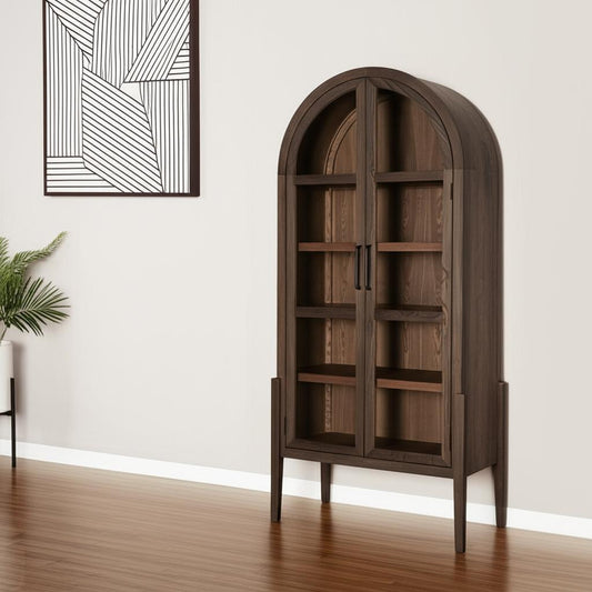 84" Dark Brown Solid Wood Curio Cabinet With Two Doors