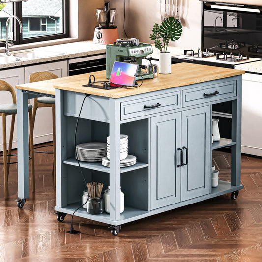 47" Light Blue Wood Rolling Kitchen Island With Storage