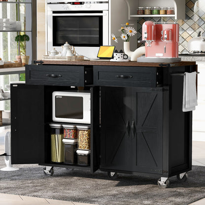 54" Black Wood Rolling Kitchen Island
