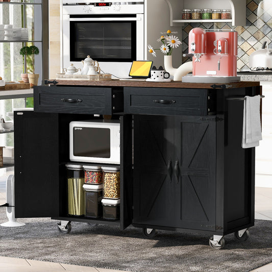 54" Black Wood Rolling Kitchen Island