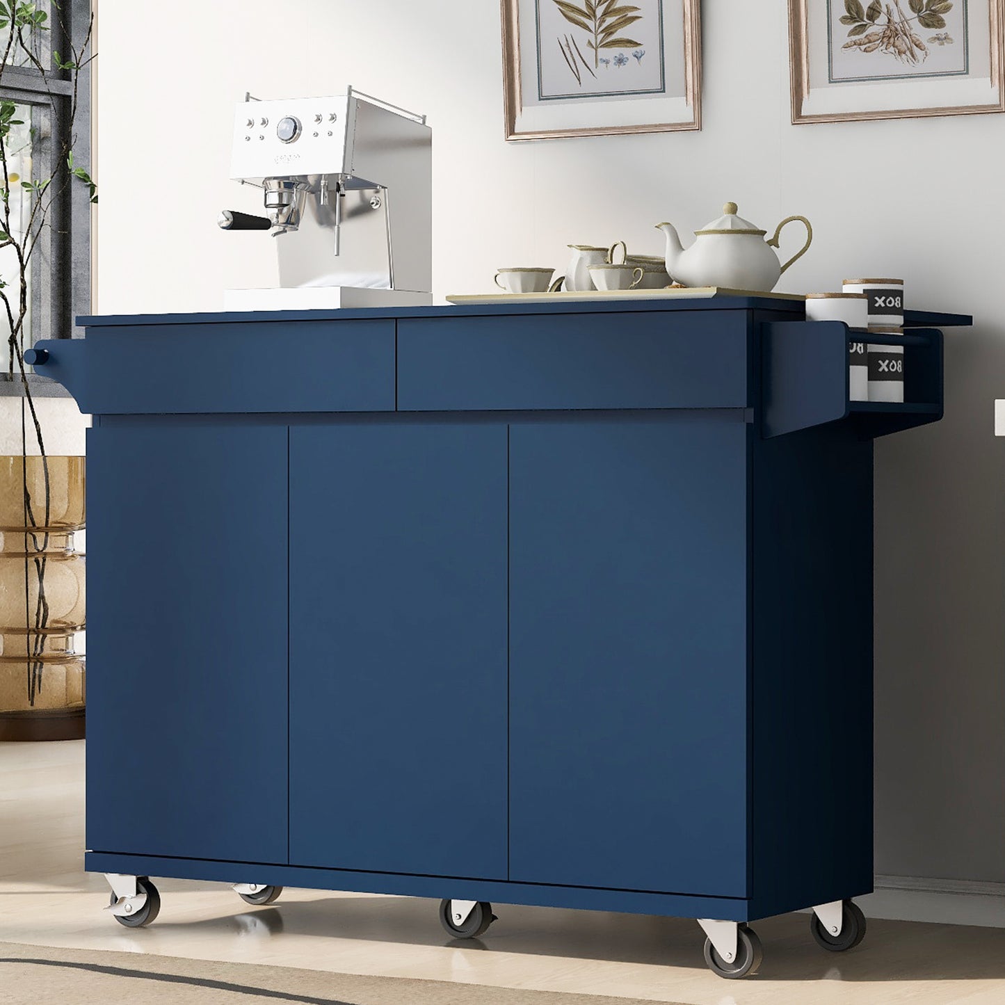53" Navy Blue Wood Rolling Kitchen Island