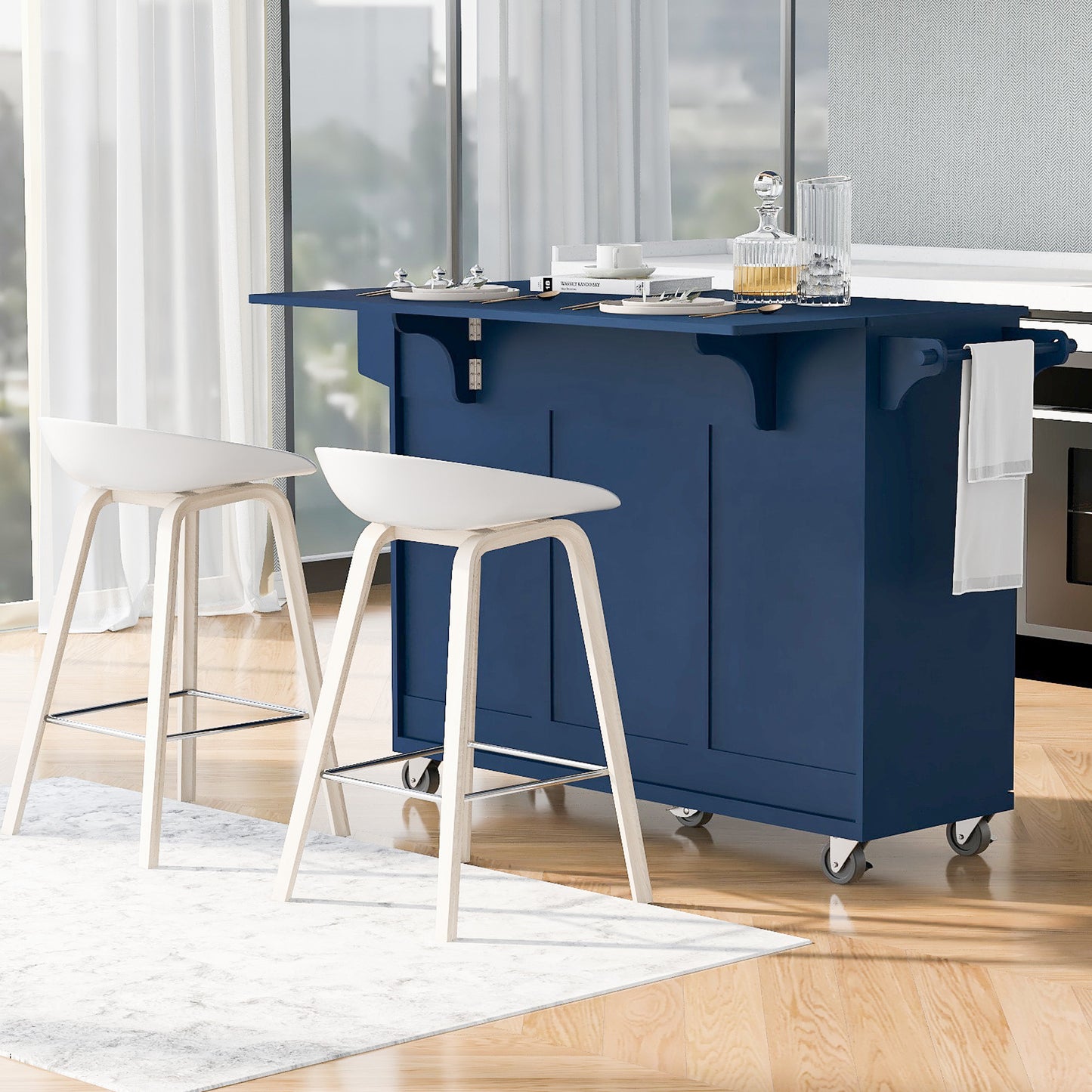 53" Navy Blue Wood Rolling Kitchen Island