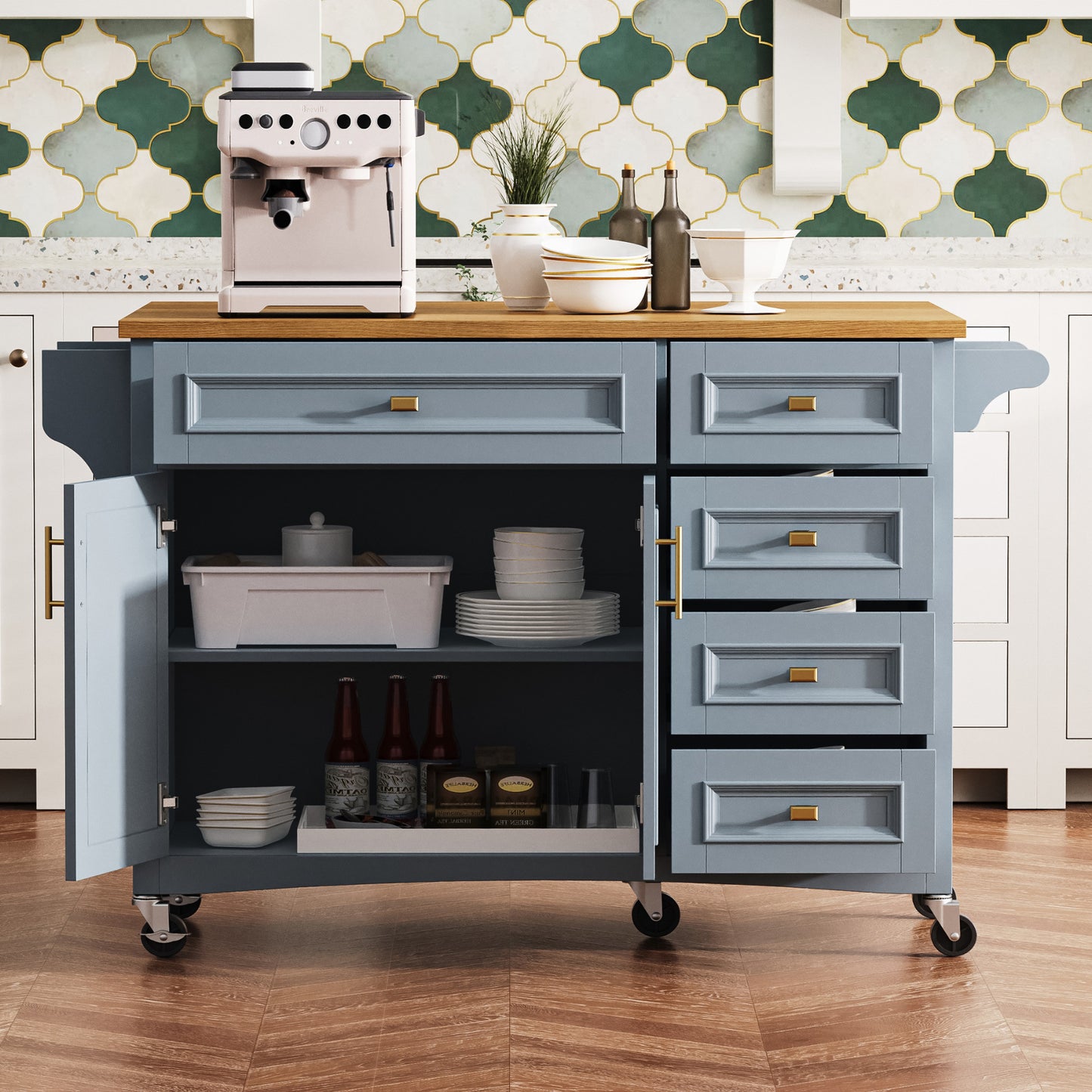 52" Wood Rolling Kitchen Island