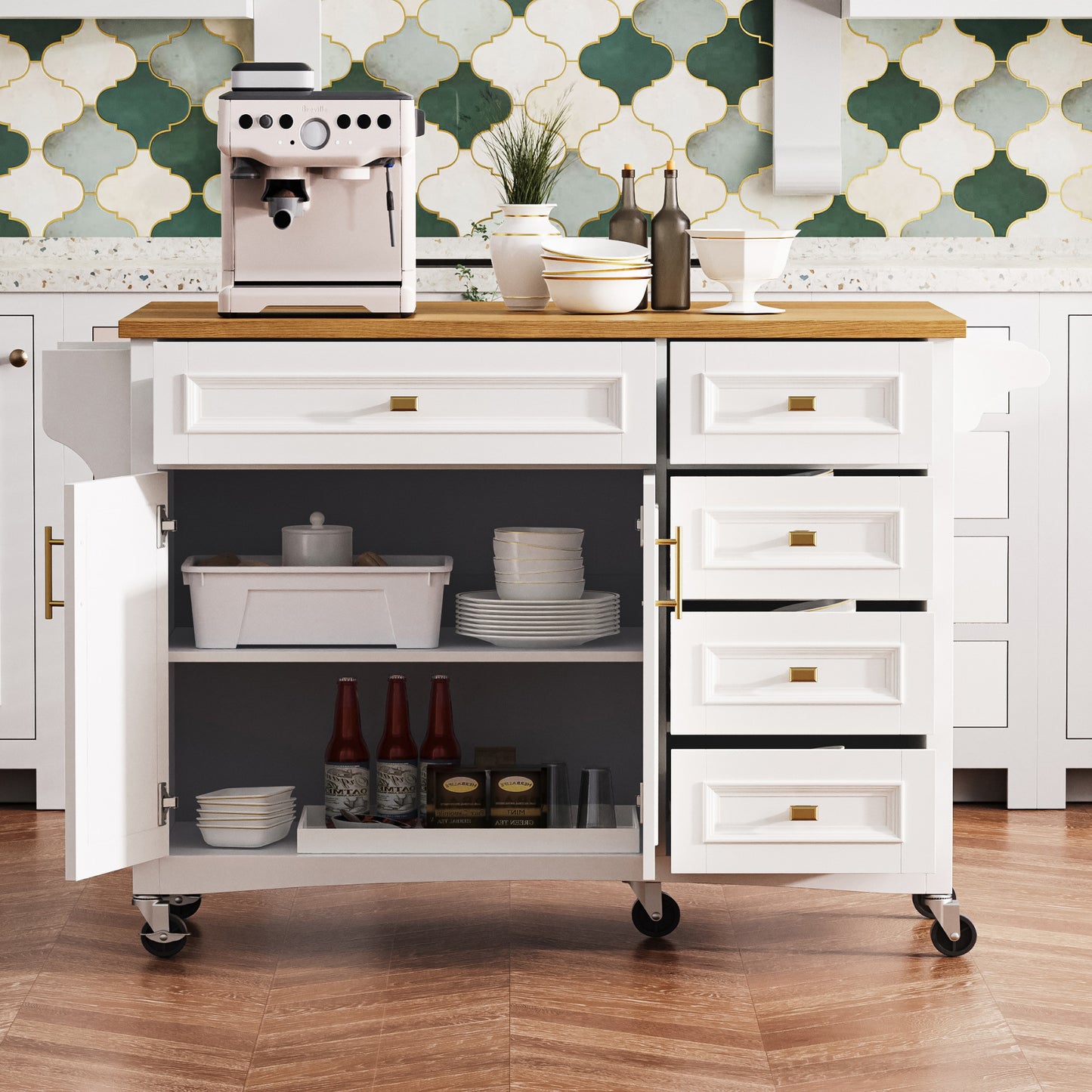 52" Wood Rolling Kitchen Island