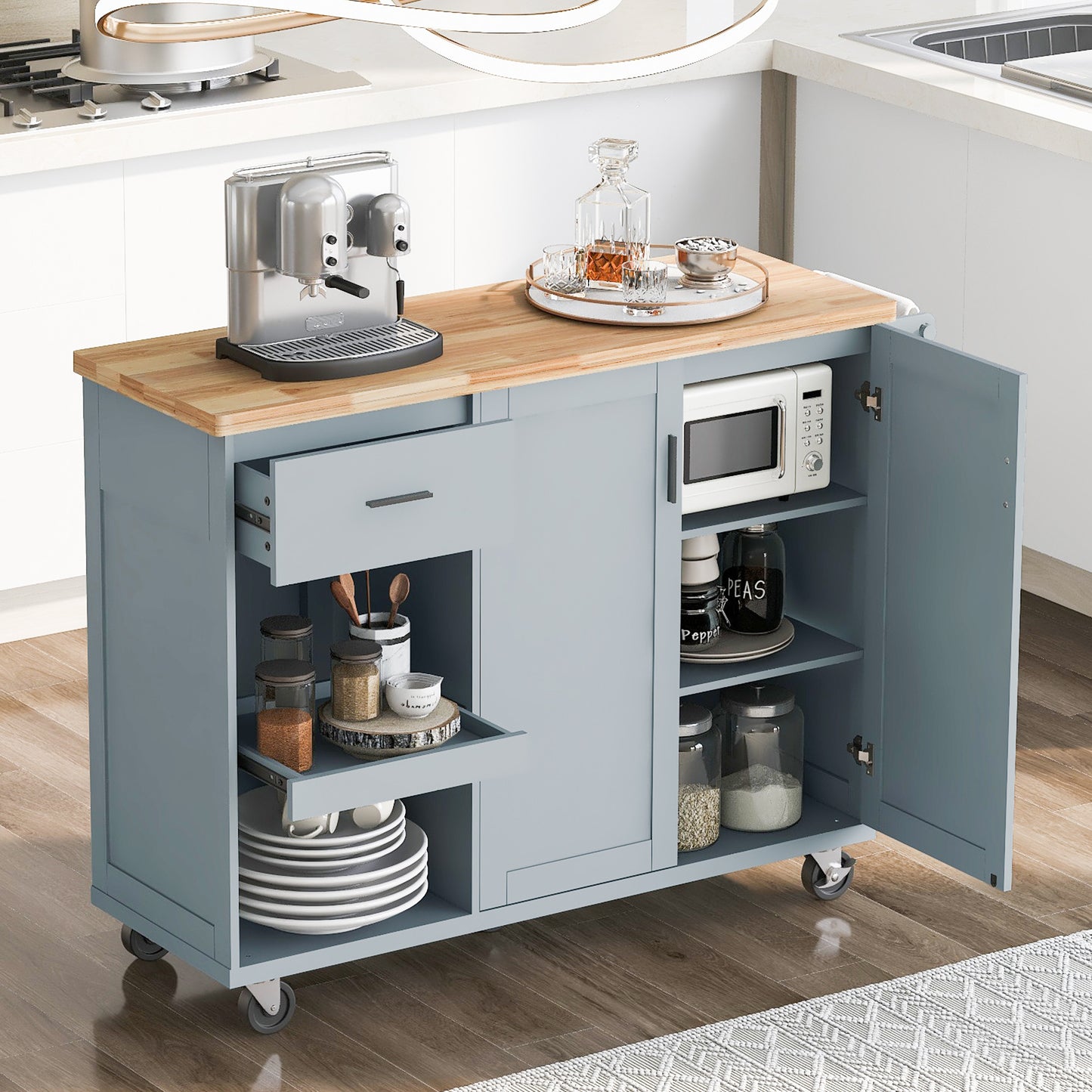 49" Light Blue Wood Rolling Kitchen Island With Storage