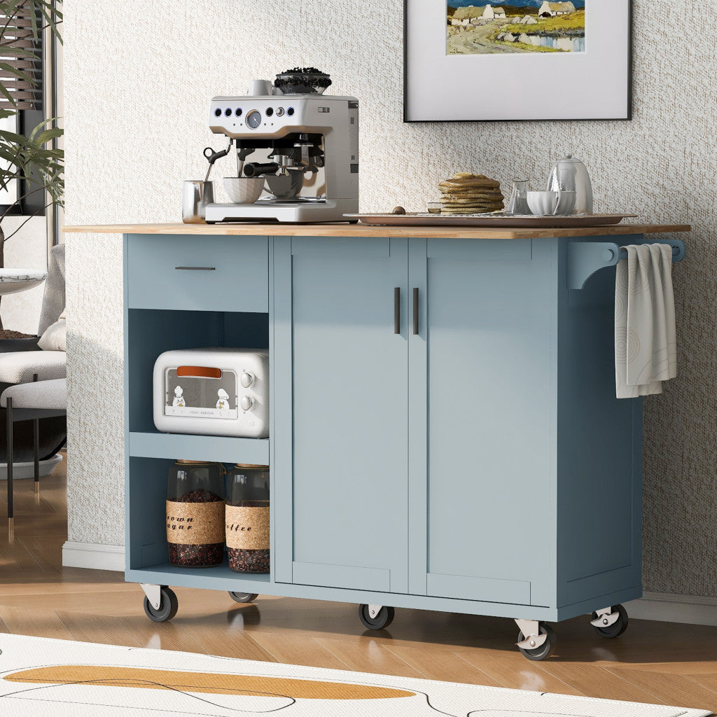 49" Light Blue Wood Rolling Kitchen Island With Storage