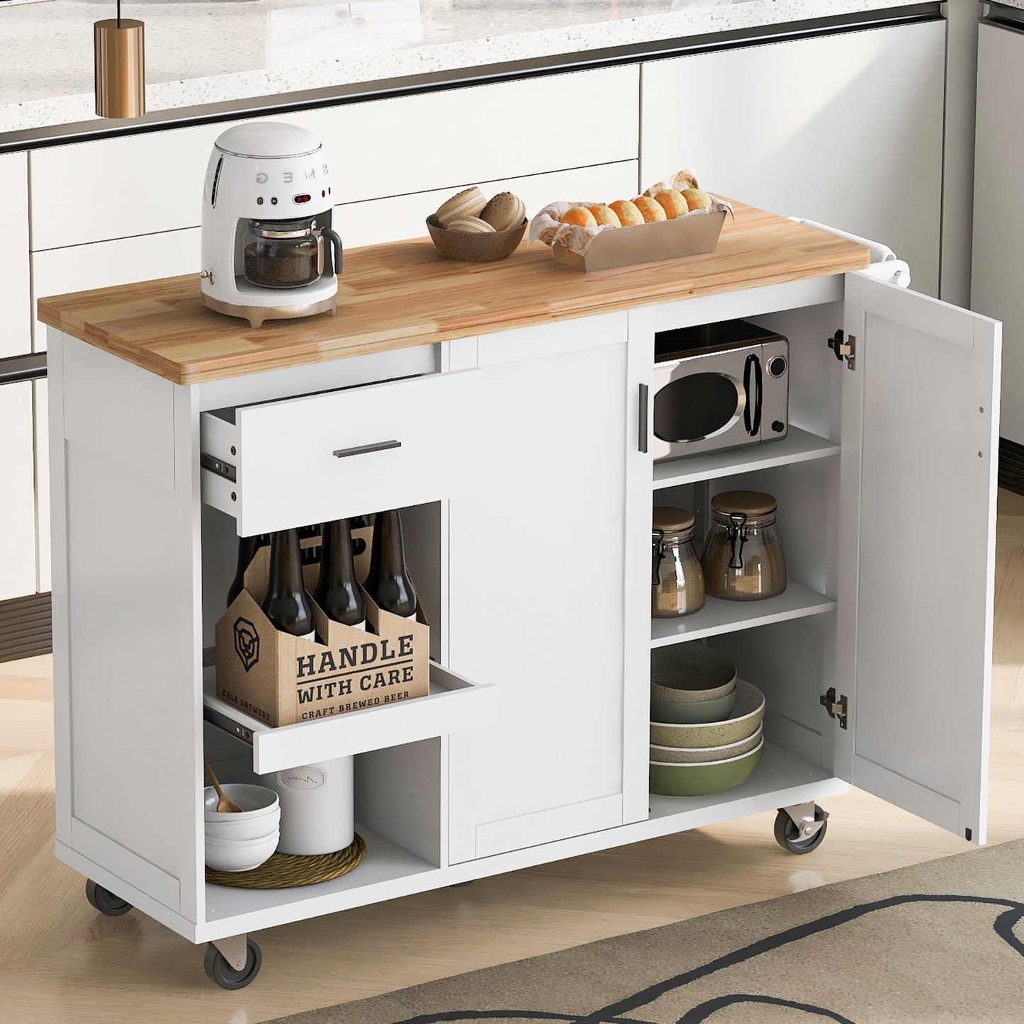 49" Light Blue Wood Rolling Kitchen Island With Storage