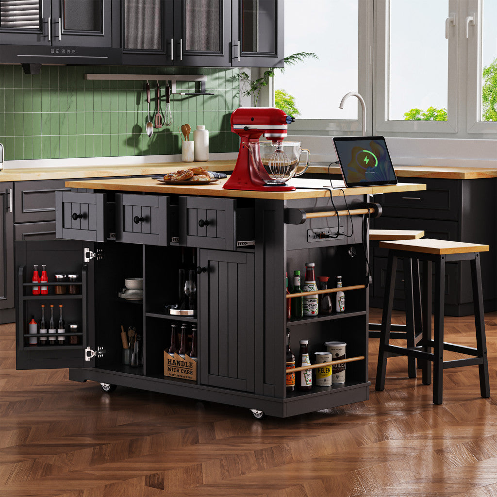 53" Light Blue Wood Rolling Kitchen Island Set With Storage