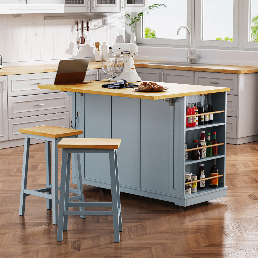 53" Light Blue Wood Rolling Kitchen Island Set With Storage