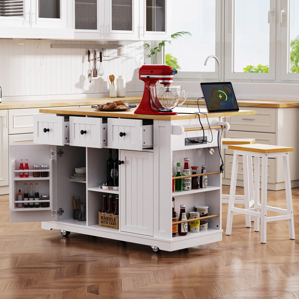 53" Light Blue Wood Rolling Kitchen Island Set With Storage