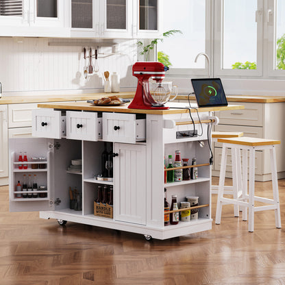 53" Light Blue Wood Rolling Kitchen Island Set With Storage