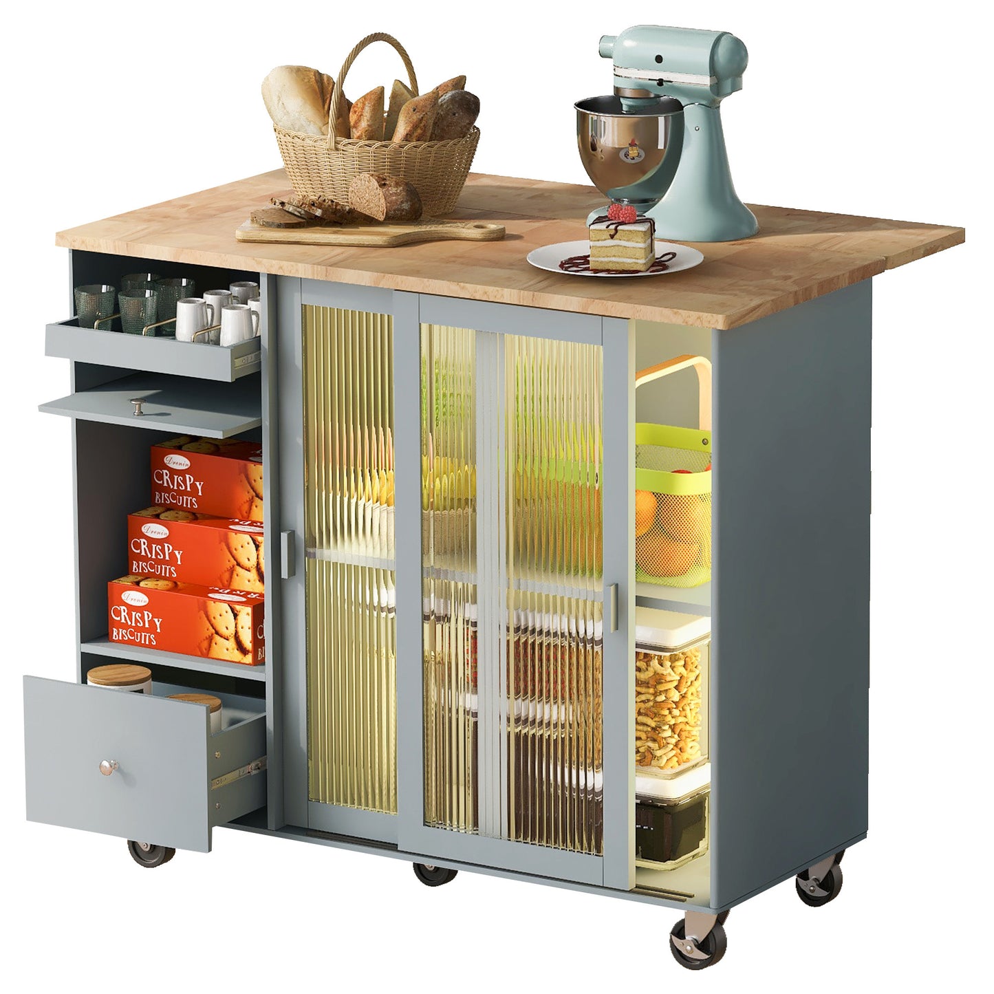 44" Wood Rolling Kitchen Island With Storage