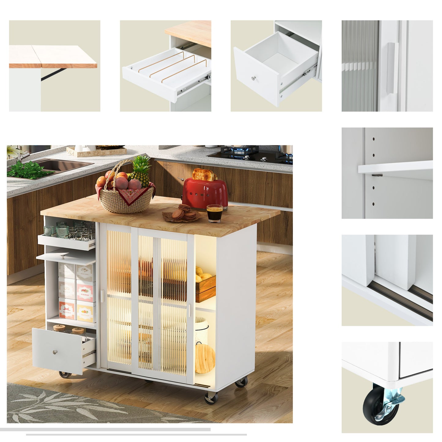 44" Wood Rolling Kitchen Island With Storage