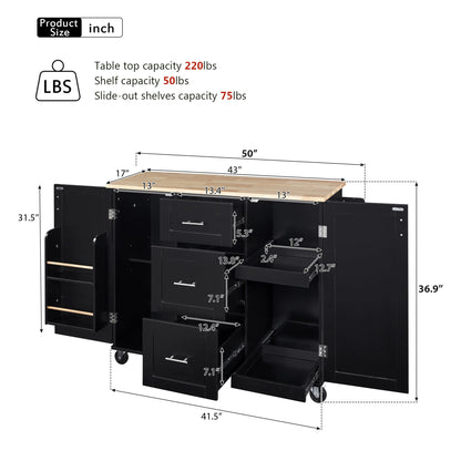 50" Rolling Kitchen Island