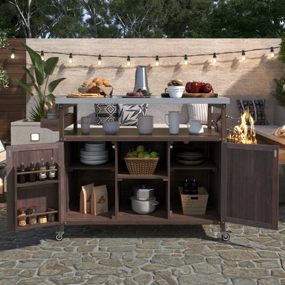 50" Natural Wood Rolling Kitchen Island With Storage
