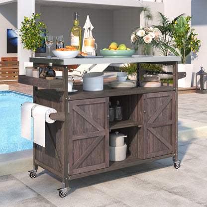50" Natural Wood Rolling Kitchen Island With Storage