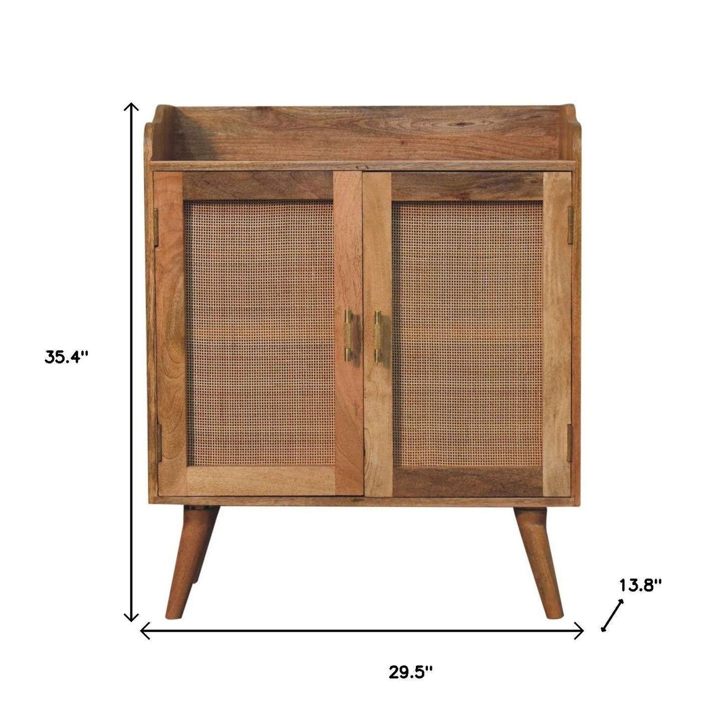 35" Brown Distressed Solid Wood Inlaid Rattan Accent Cabinet With Two Doors