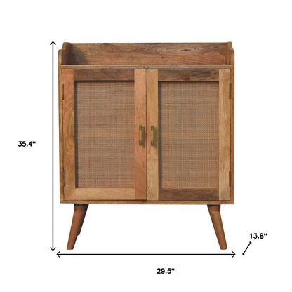 35" Brown Distressed Solid Wood Inlaid Rattan Accent Cabinet With Two Doors