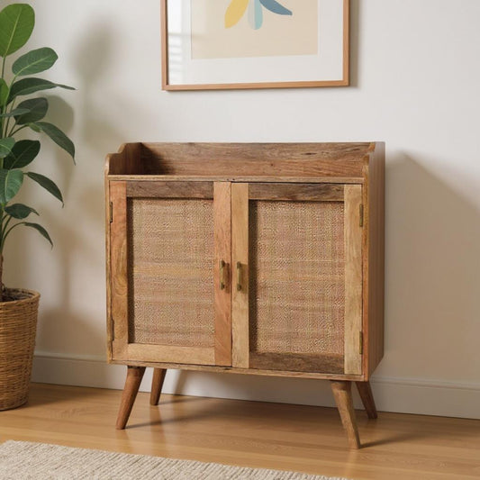 35" Brown Distressed Solid Wood Inlaid Rattan Accent Cabinet With Two Doors