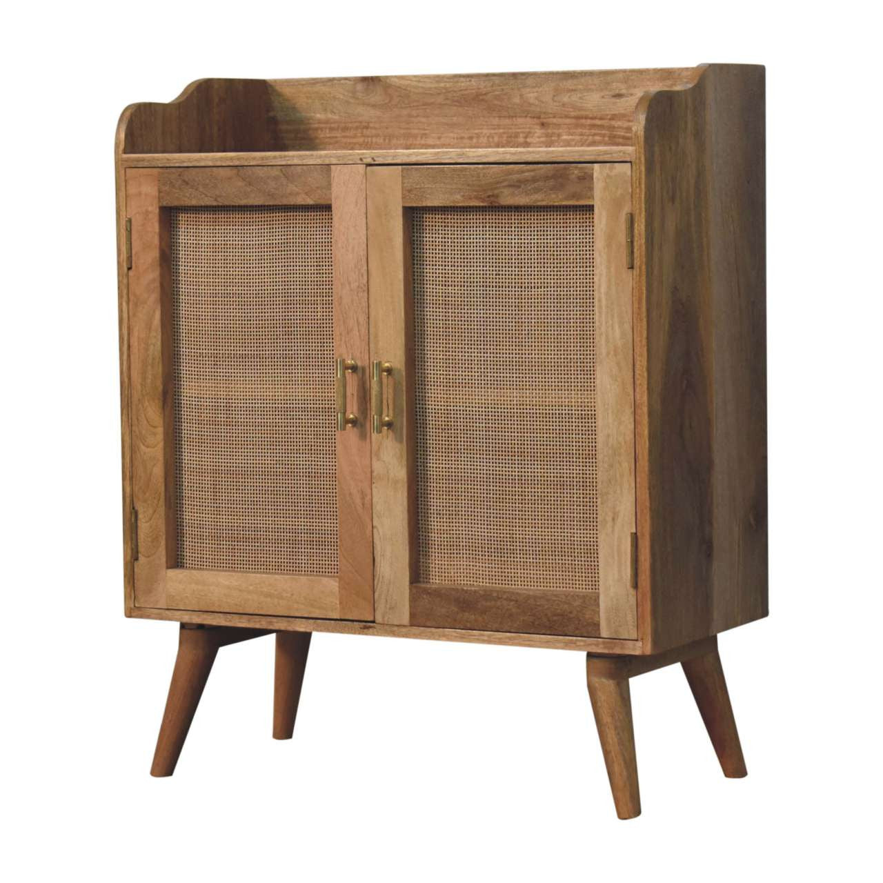 35" Brown Distressed Solid Wood Inlaid Rattan Accent Cabinet With Two Doors