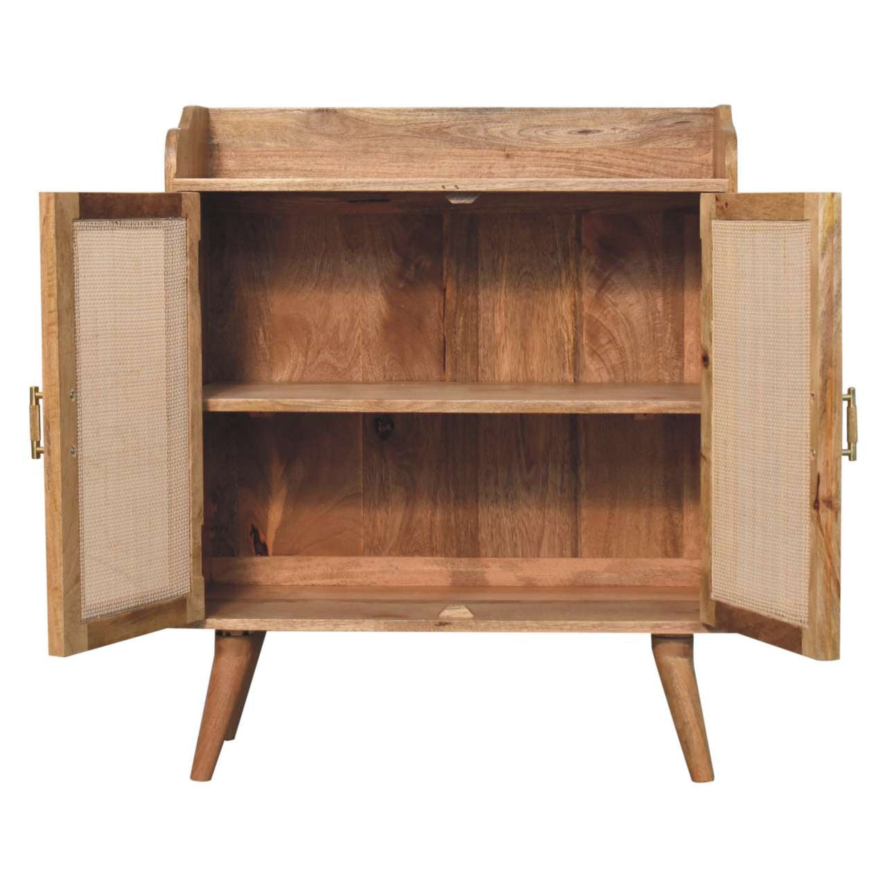 35" Brown Distressed Solid Wood Inlaid Rattan Accent Cabinet With Two Doors