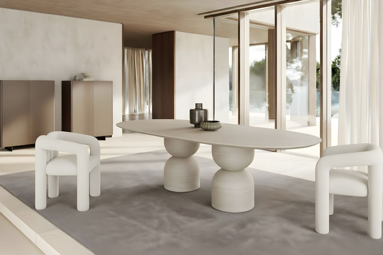 94" Beige Marble Double Pedestal Base Oval Dining Table