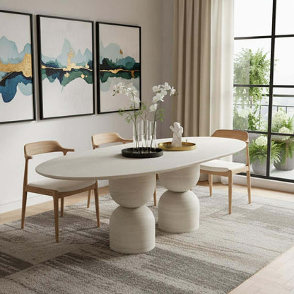 94" Beige Marble Double Pedestal Base Oval Dining Table