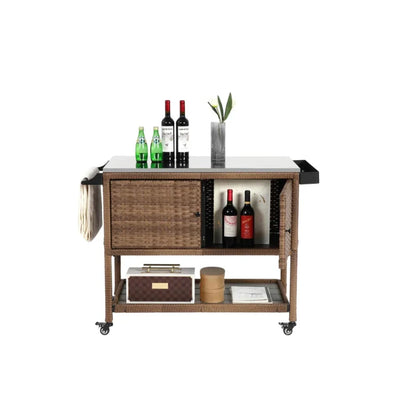 Brown Outdoor Wicker Bar Cart