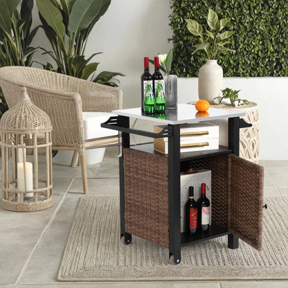 Outdoor Wicker Island Rolling Cart with Storage