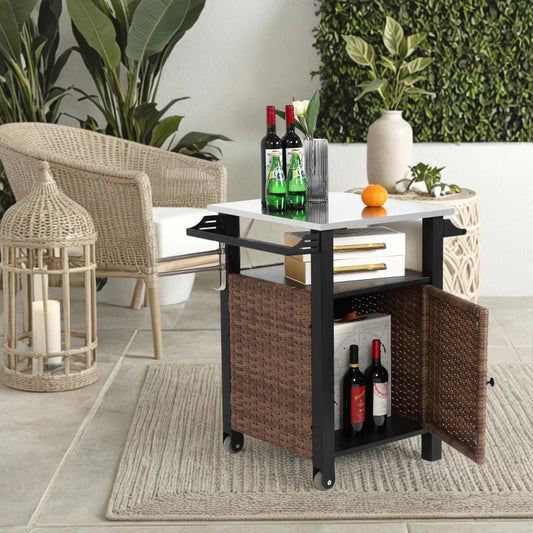 Outdoor Wicker Island Rolling Cart with Storage