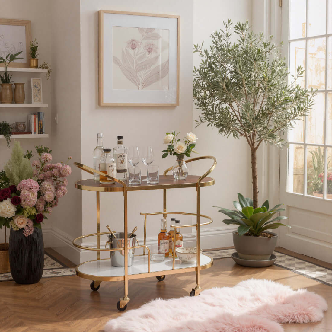 Brown Gold And White Iron Solid Wood Marble Oval Rolling Bar Cart