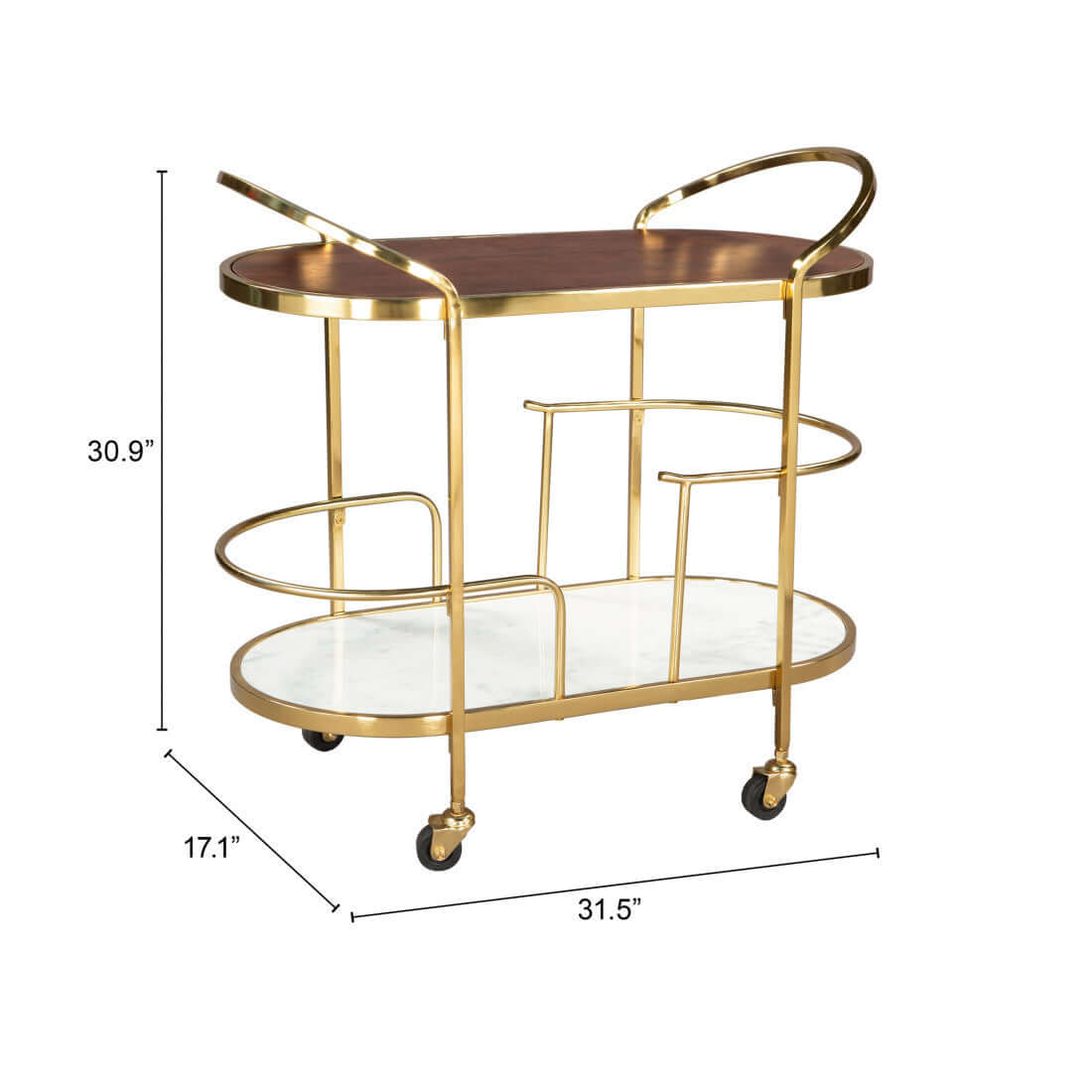 Brown Gold And White Iron Solid Wood Marble Oval Rolling Bar Cart