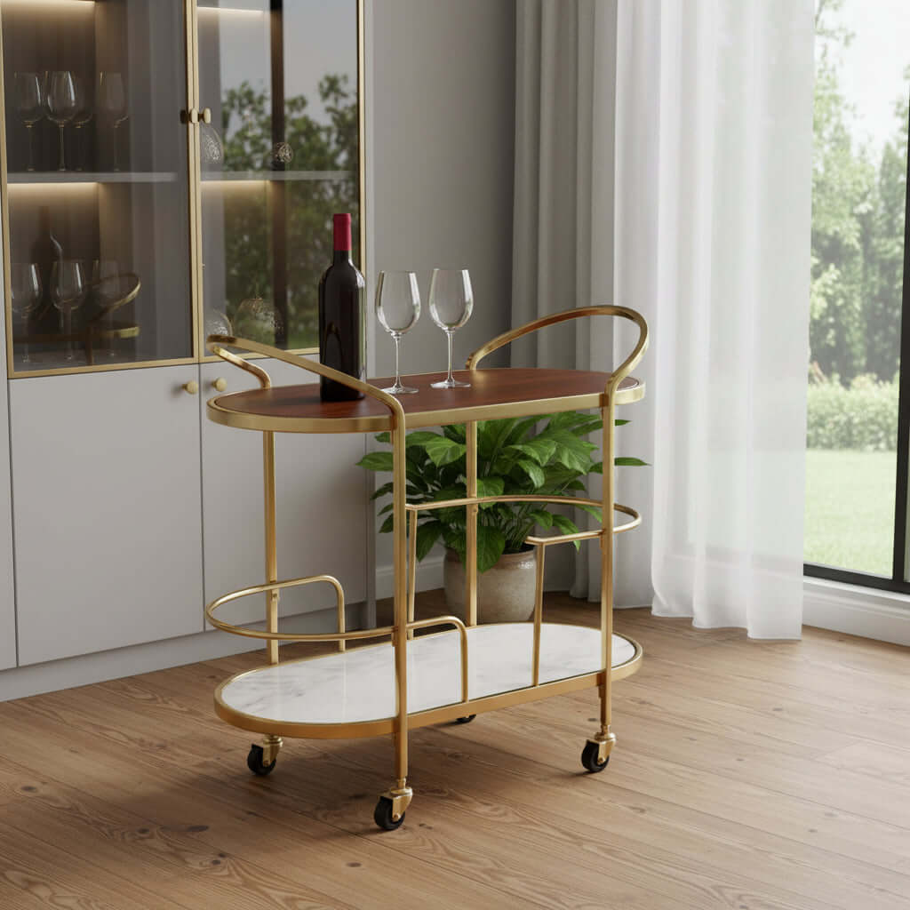 Brown Gold And White Iron Solid Wood Marble Oval Rolling Bar Cart