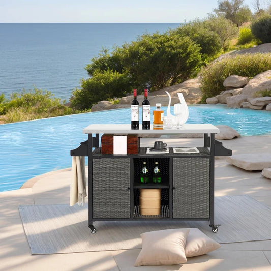 Outdoor Wicker Rolling Cart with Storage Cabinet