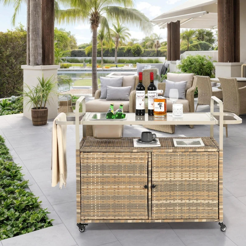 Outdoor Wicker Bar Cart with Glass