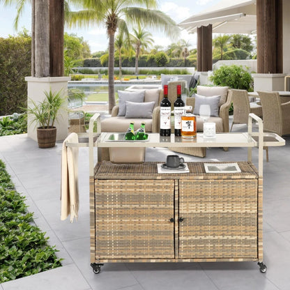 Outdoor Wicker Bar Cart with Glass