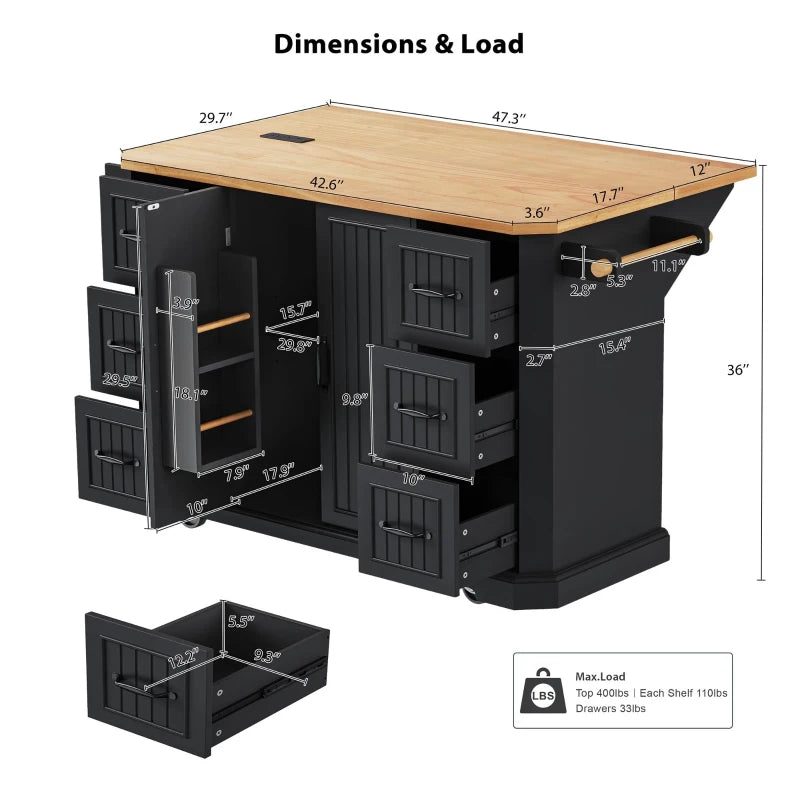 Kitchen Island with Power Outlet and Drop Leaf