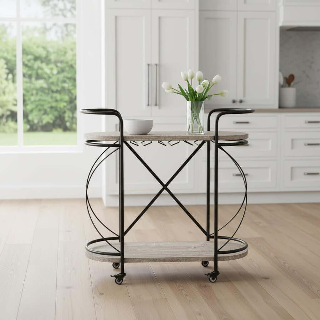 Black Solid Wood and Steel Rolling Kitchen Cart With Storage in a modern kitchen interior.