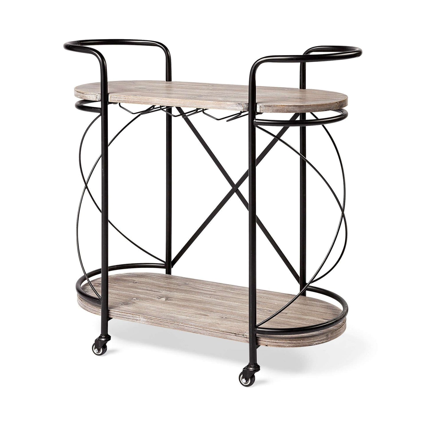 Black Solid Wood and Steel Rolling Kitchen Cart With Storage on wheels, featuring two shelves and modern design.