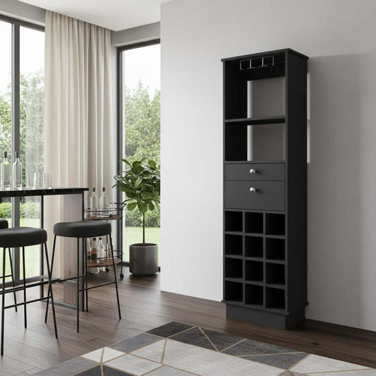 63" Black Wood Bar Cabinet With Two Drawers