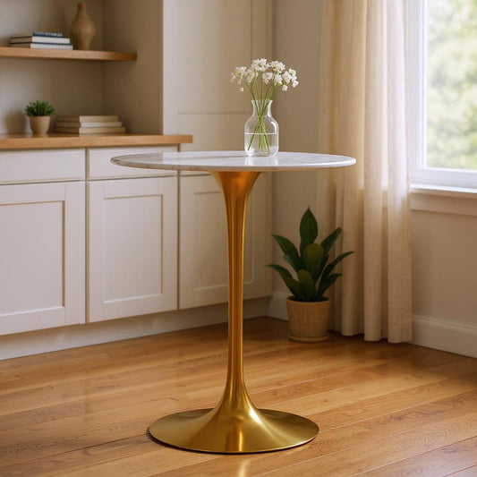 32" White and Gold Marble Top Bar Table with Metal Base