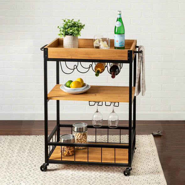 Industrial Wheeled Bar Cart with Removable Serving Tray