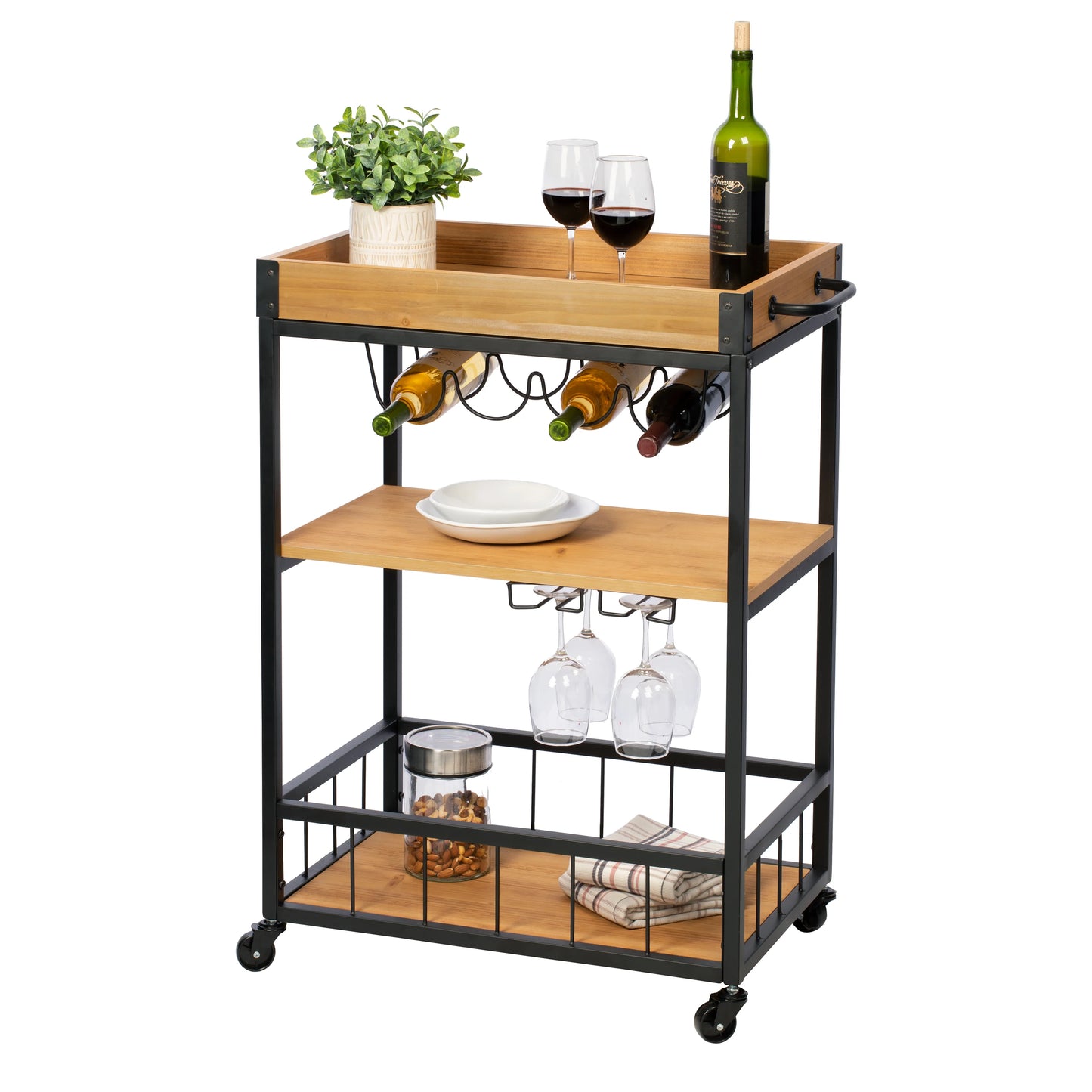 Industrial Wheeled Bar Cart with Removable Serving Tray