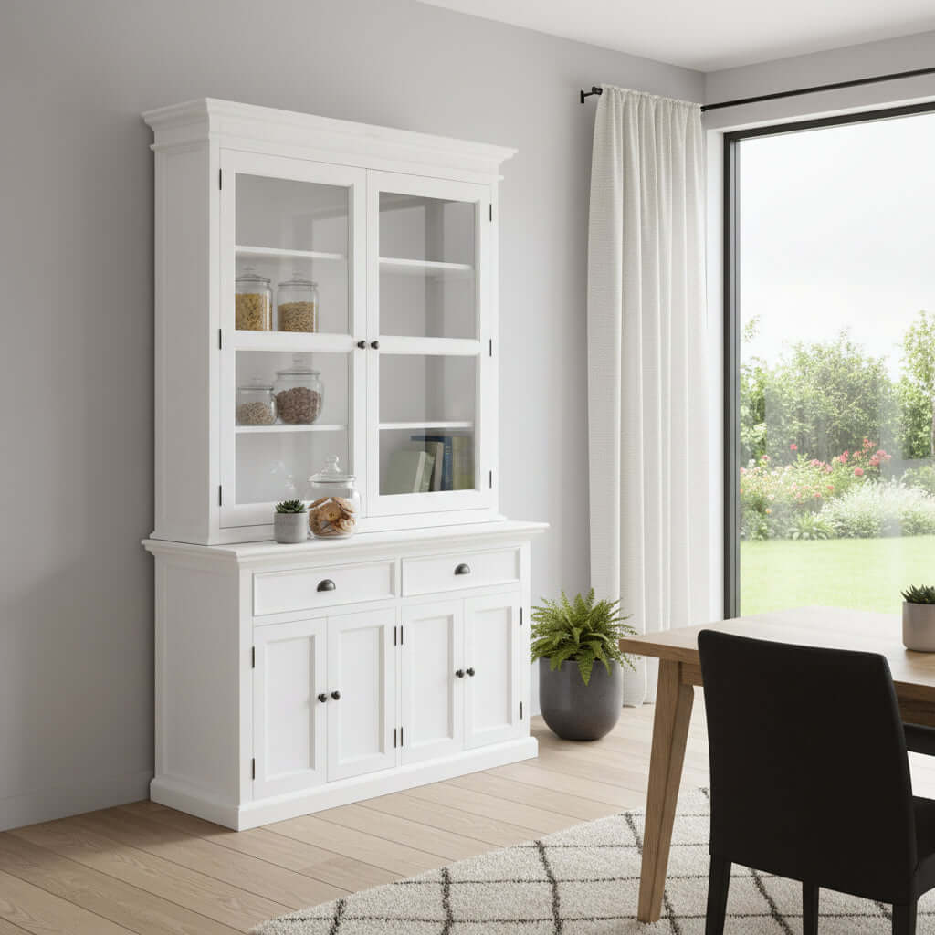 Homeroots 57 White Solid Wood Frame Dining Hutch displaying decorative items in a bright dining room setting.