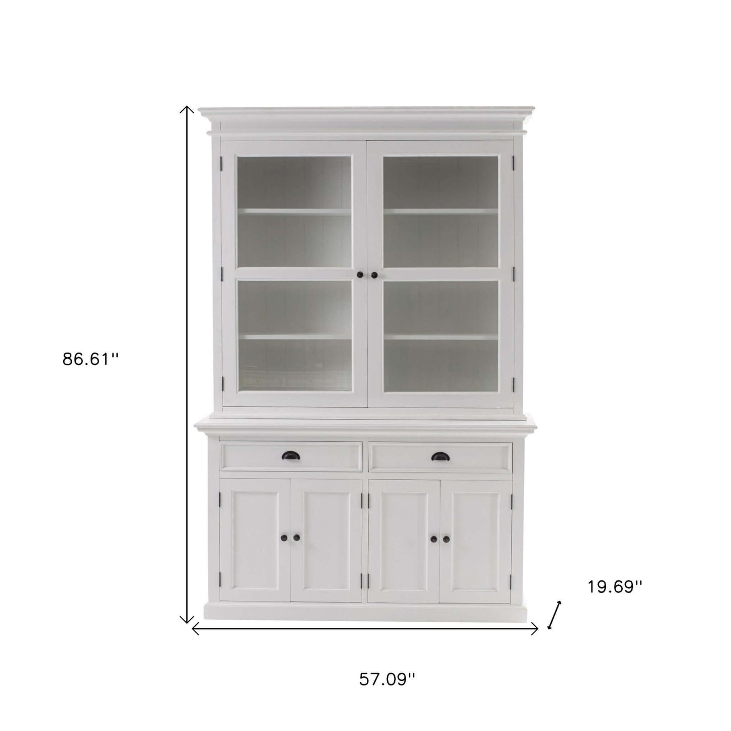 Homeroots 57 White Solid Wood Frame Dining Hutch with glass doors and storage dimensions