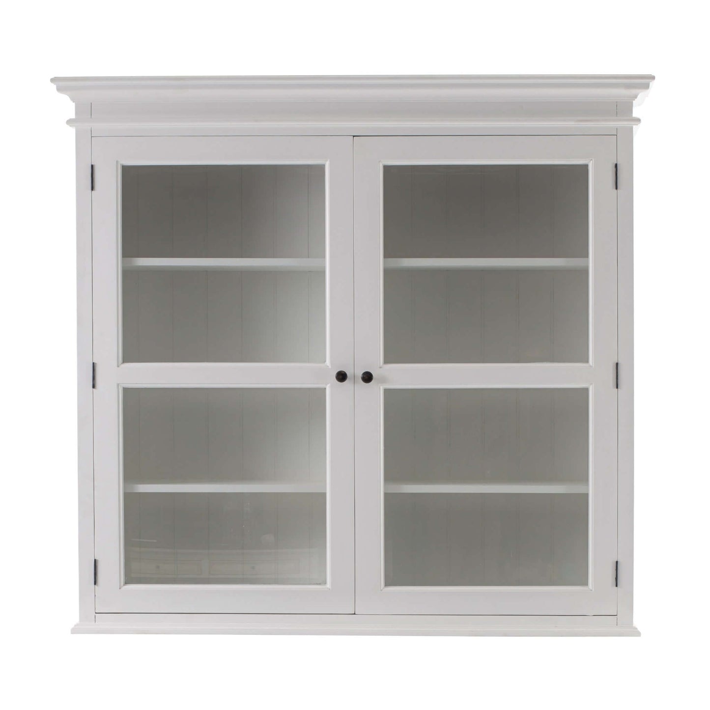 Homeroots 57 White Solid Wood Frame Dining Hutch featuring glass doors and elegant shelving.
