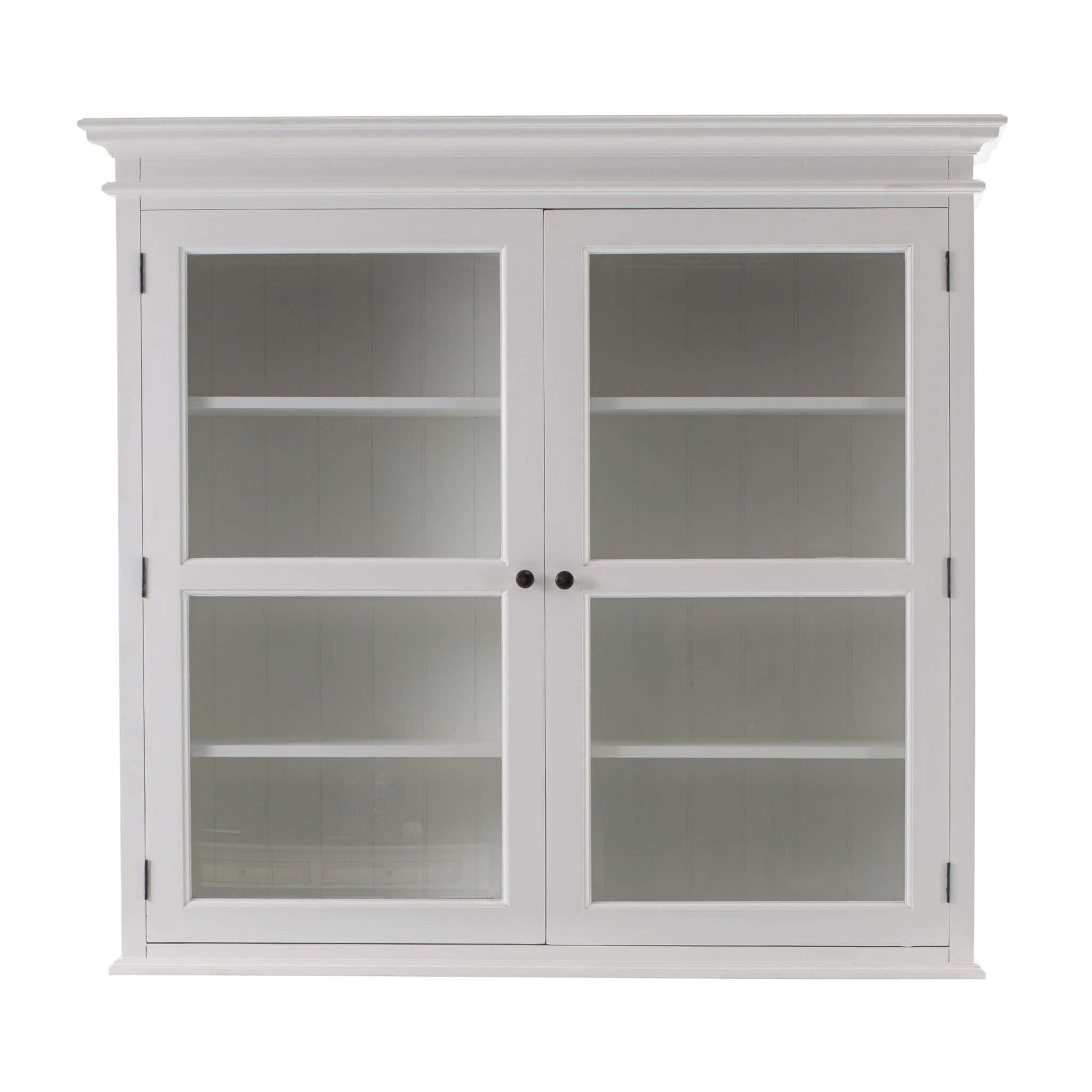 Homeroots 57 White Solid Wood Frame Dining Hutch featuring glass doors and elegant shelving.
