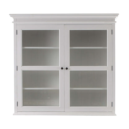 Homeroots 57 White Solid Wood Frame Dining Hutch featuring glass doors and elegant shelving.